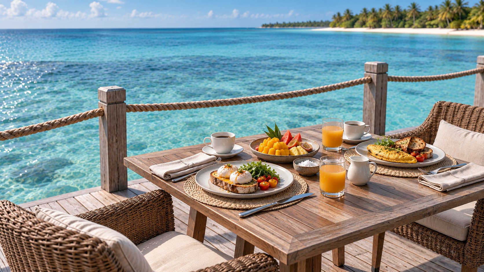 Breakfast set on an over-water deck with a small bowl of sea salt, above clear turquoise lagoon