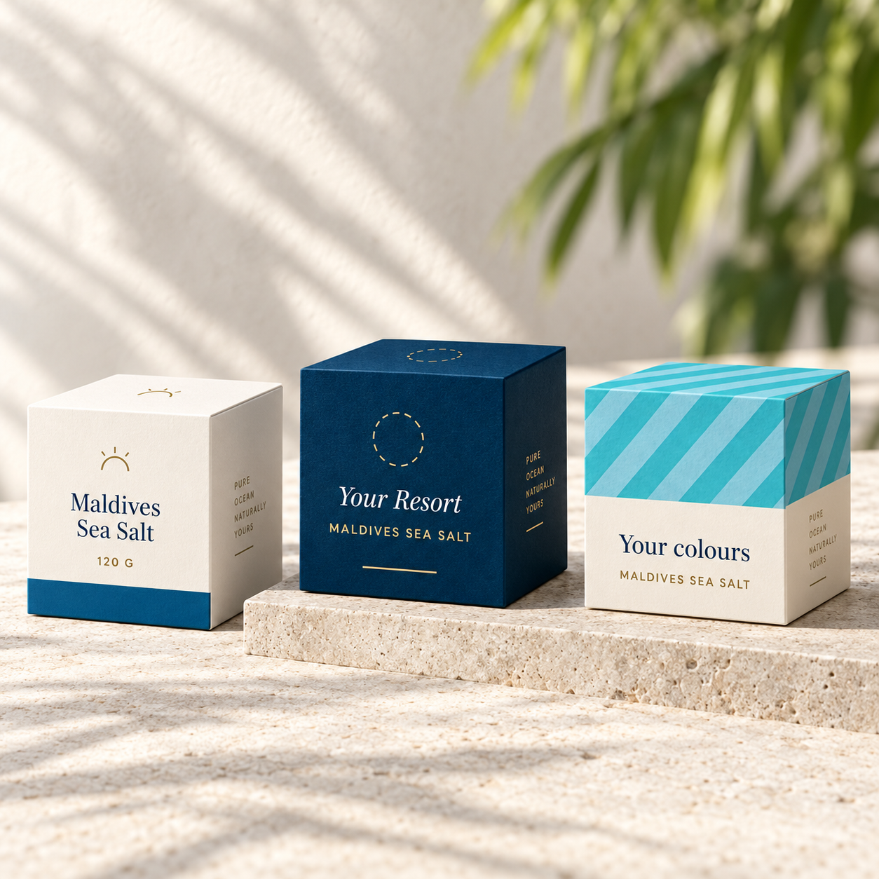 A TENPY Maldives Sea Salt 120 g box with coral illustrations and a white band